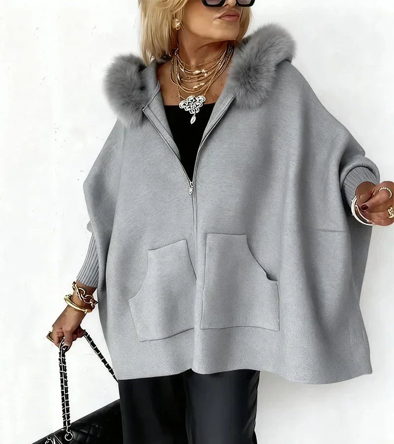 Gloria | Elegant Hooded Cape Coat with Faux Fur Trim