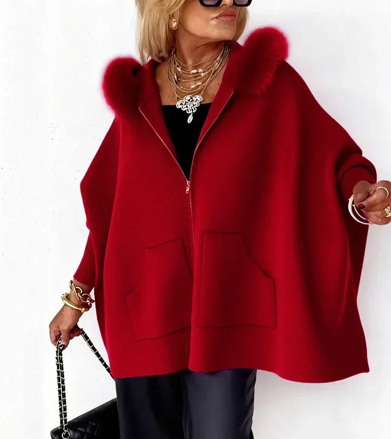 Gloria | Elegant Hooded Cape Coat with Faux Fur Trim