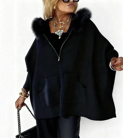 Gloria | Elegant Hooded Cape Coat with Faux Fur Trim