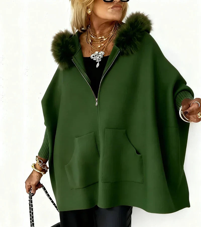 Gloria | Elegant Hooded Cape Coat with Faux Fur Trim