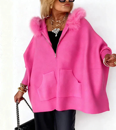 Gloria | Elegant Hooded Cape Coat with Faux Fur Trim