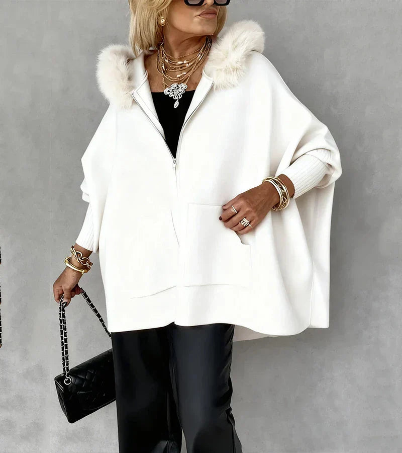 Gloria | Elegant Hooded Cape Coat with Faux Fur Trim