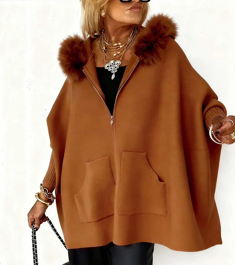 Gloria | Elegant Hooded Cape Coat with Faux Fur Trim